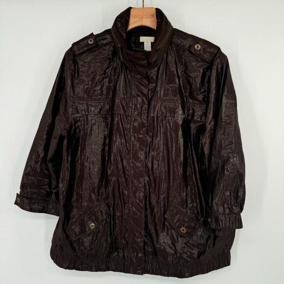 Chicos 3 Womens Size XL Brown iridescent rain Jacket Pockets hidden hood - Picture 3 of 13